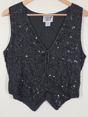 Vtg Sweet Sue Black Silk Beaded Sequin Vest M Glam Grunge 80s Maximalist Artsy
